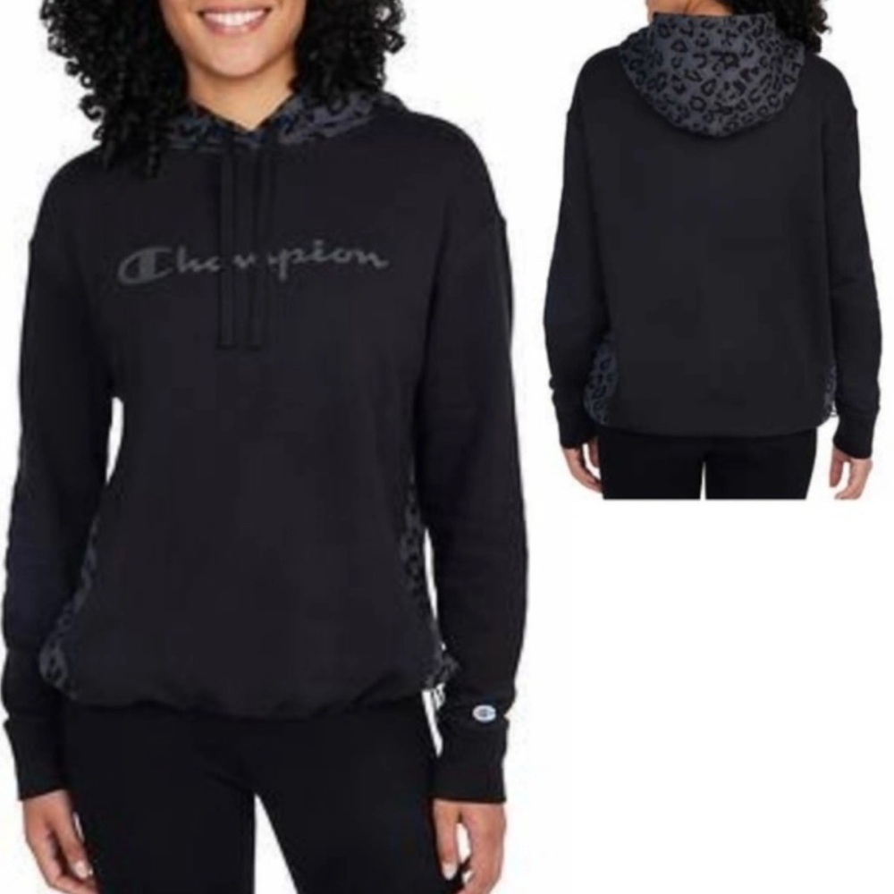 Champion Women’s Hooded Sweatshirt Black & gray Leopard print Size Medium